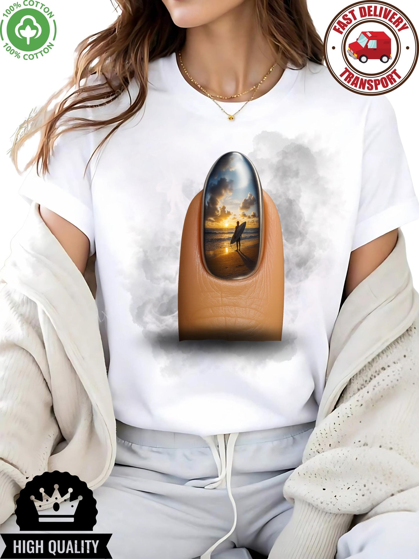 Surreal sunset surfer nail art graphic tee, beach art t-shirt for surf lovers, unisex summer shirt gift idea men women