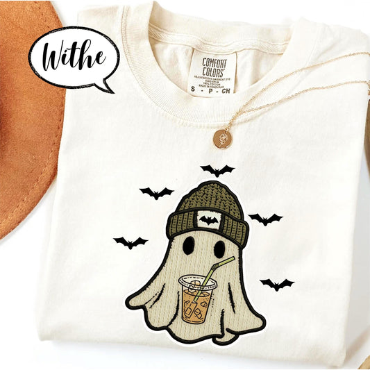 Comfort Colors® Halloween Ghost Shirt, Spooky Season Tee, Cute Ghost with Coffee Top, Cozy Fall Outfit, Retro Aesthetic Graphic Tee