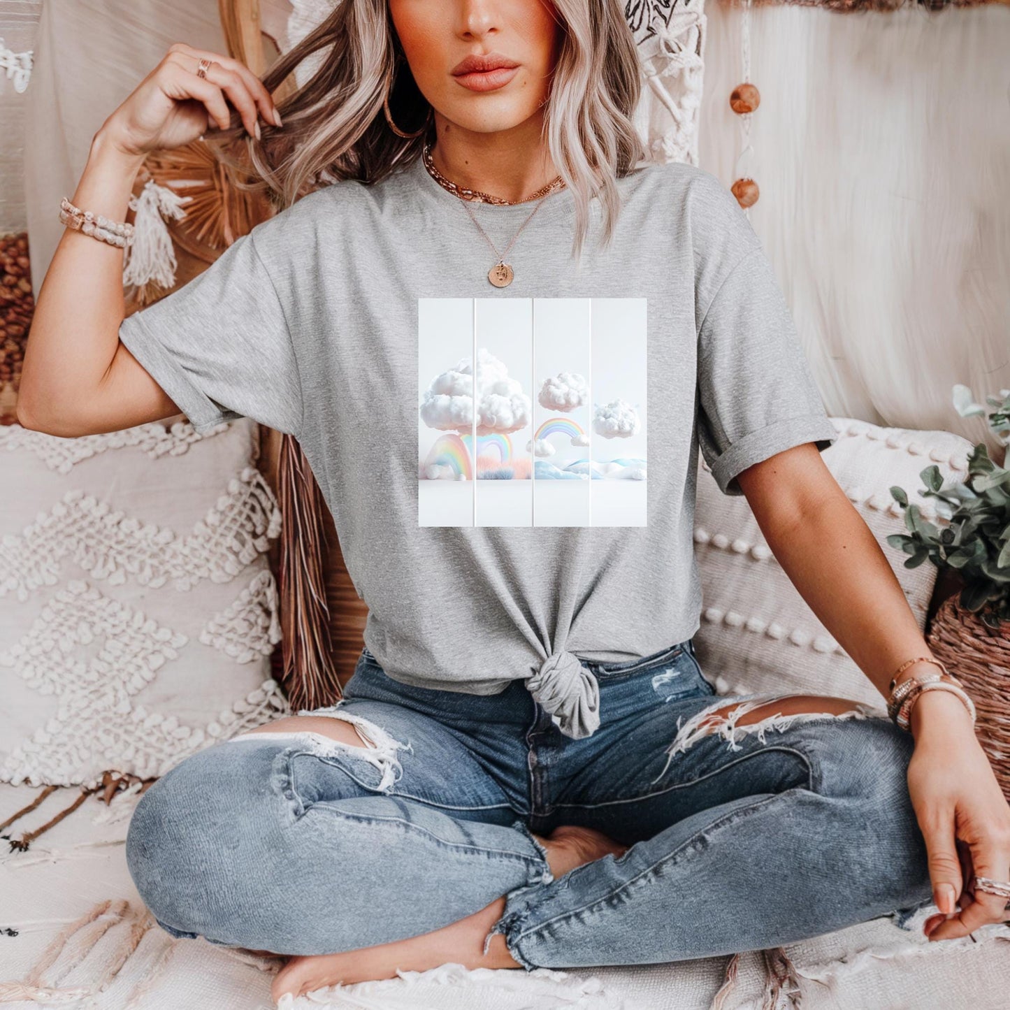 Whimsical Cotton Tee with Clouds and Rainbow Design, Unisex Apparel, Cute Gift for Kids and Teens, Summer T-Shirt, Fun Graphic Tee