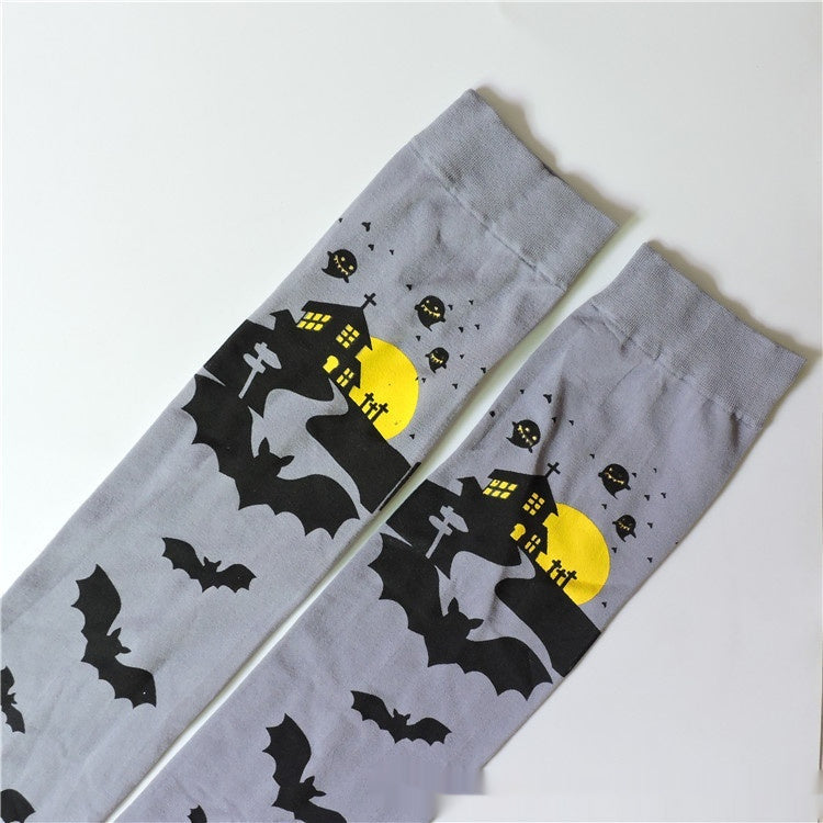 Halloween Printing Craft Spider Web Bat Skull Castle Pattern Over The Knee Stockings