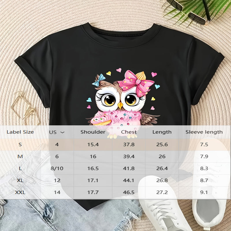 Women's Owl & Heart Print Round Neck T-Shirt Cute Casual Spring Summer Graphic Tee