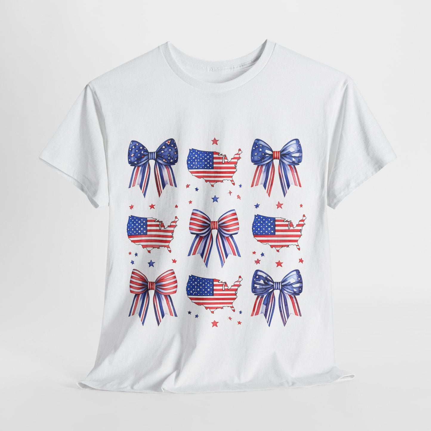 Patriotic Bow Tee, Unisex Heavy Cotton Tee with USA Theme, Great for 4th of July, Barbecues, Family Gatherings, or Everyday Casual Wear