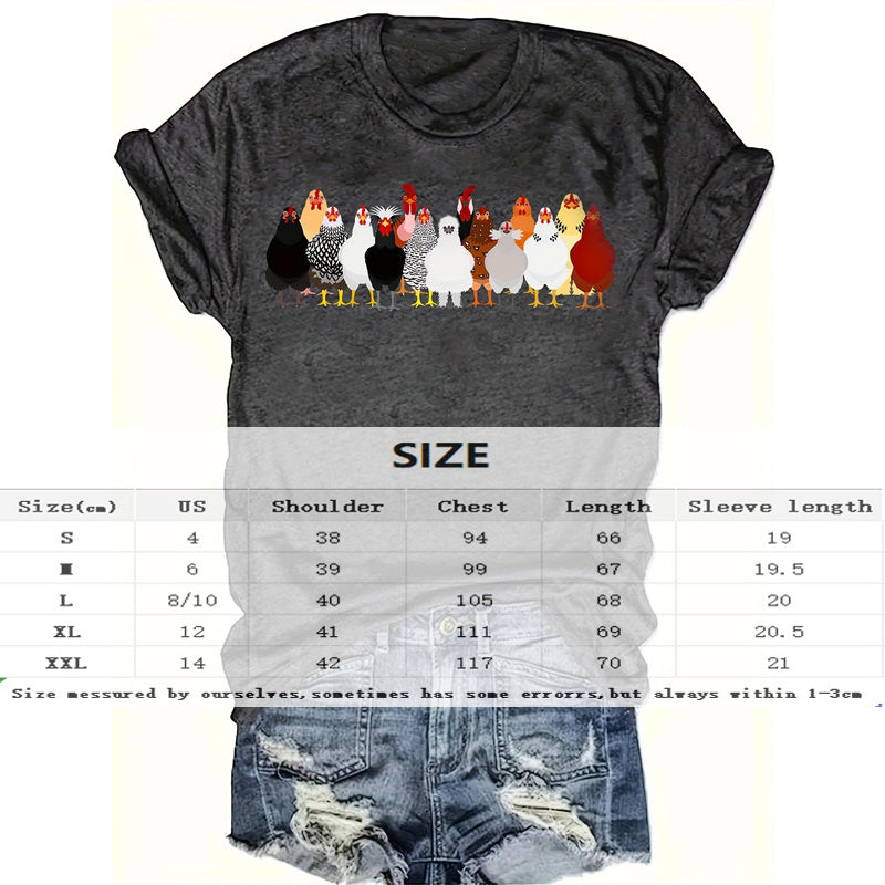 Women's Chicken Breeds Print Round Neck Tee - Fun Casual Summer Top