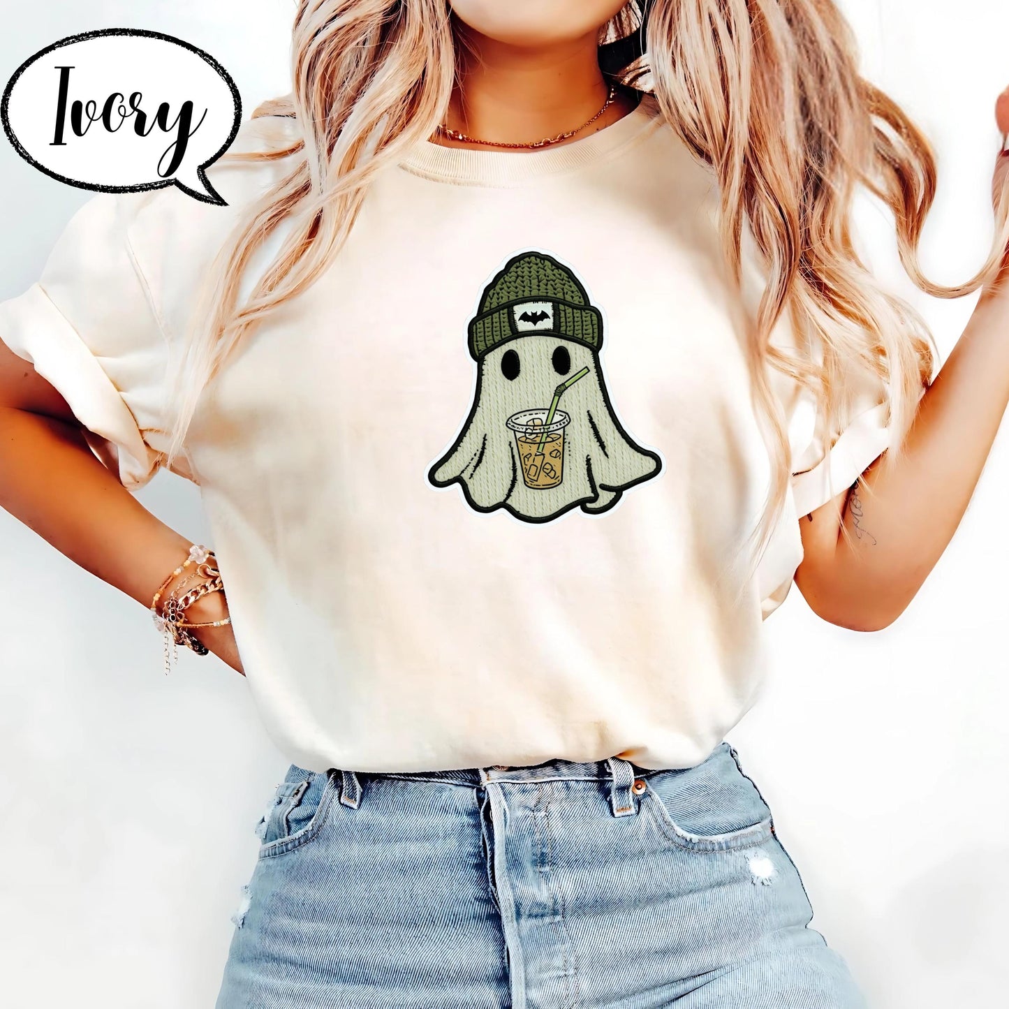 Comfort Colors® Ghost Shirt, Cute Halloween T Shirt, Spooky Season Tee, Iced Coffee Ghost Top, Fall Aesthetic Graphic Shirt Unisex