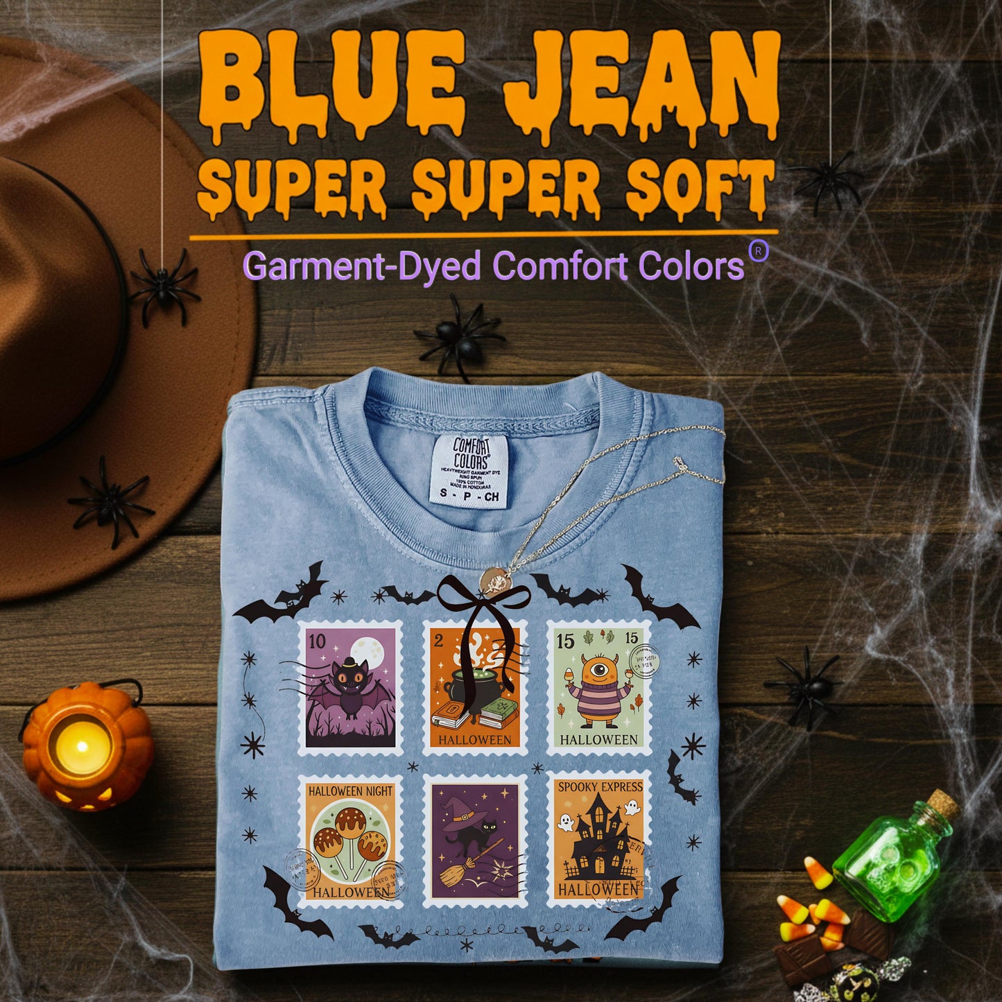 Comfort Colors Halloween TShirt Pumpkin Orange Graphic Tee Spooky Stamps Bat Zombie Witch Haunted House Ghost Cat Potion Skeleton Gift Shirt