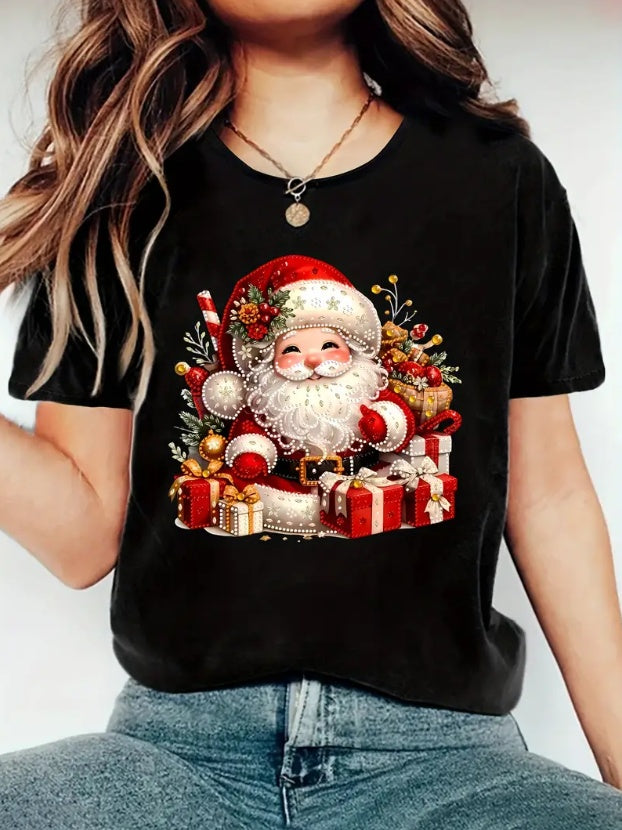 Festive Christmas Santa Graphic Tee For Women - Casual Crew Neck Polyester T-Shirt With Floral Pattern,Summer Top With Cartoon Santa Claus Design
