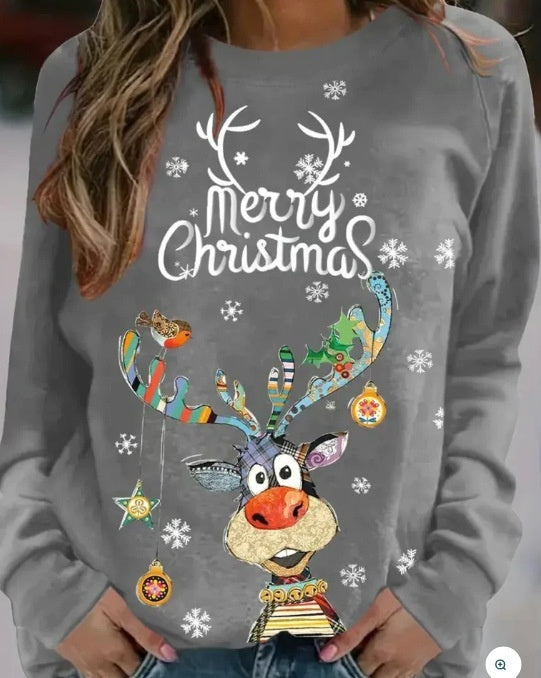 Christmas European And American Women Printed Crew Neck Sweatshirt