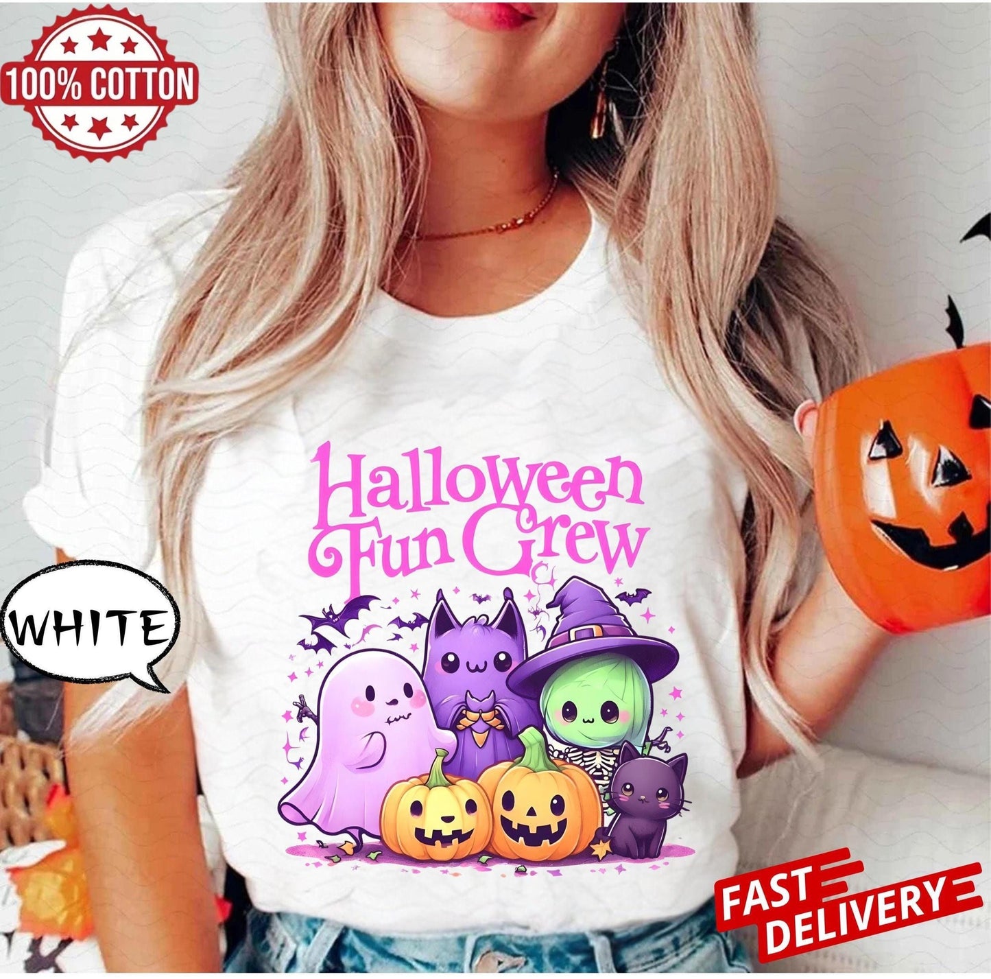 Comfort Colors Halloween Shirt,Cute Spooky Season Tee with Ghost Bat Witch Cat Pumpkins ,Kawaii Fall Graphic Top, Autumn Party Outfit