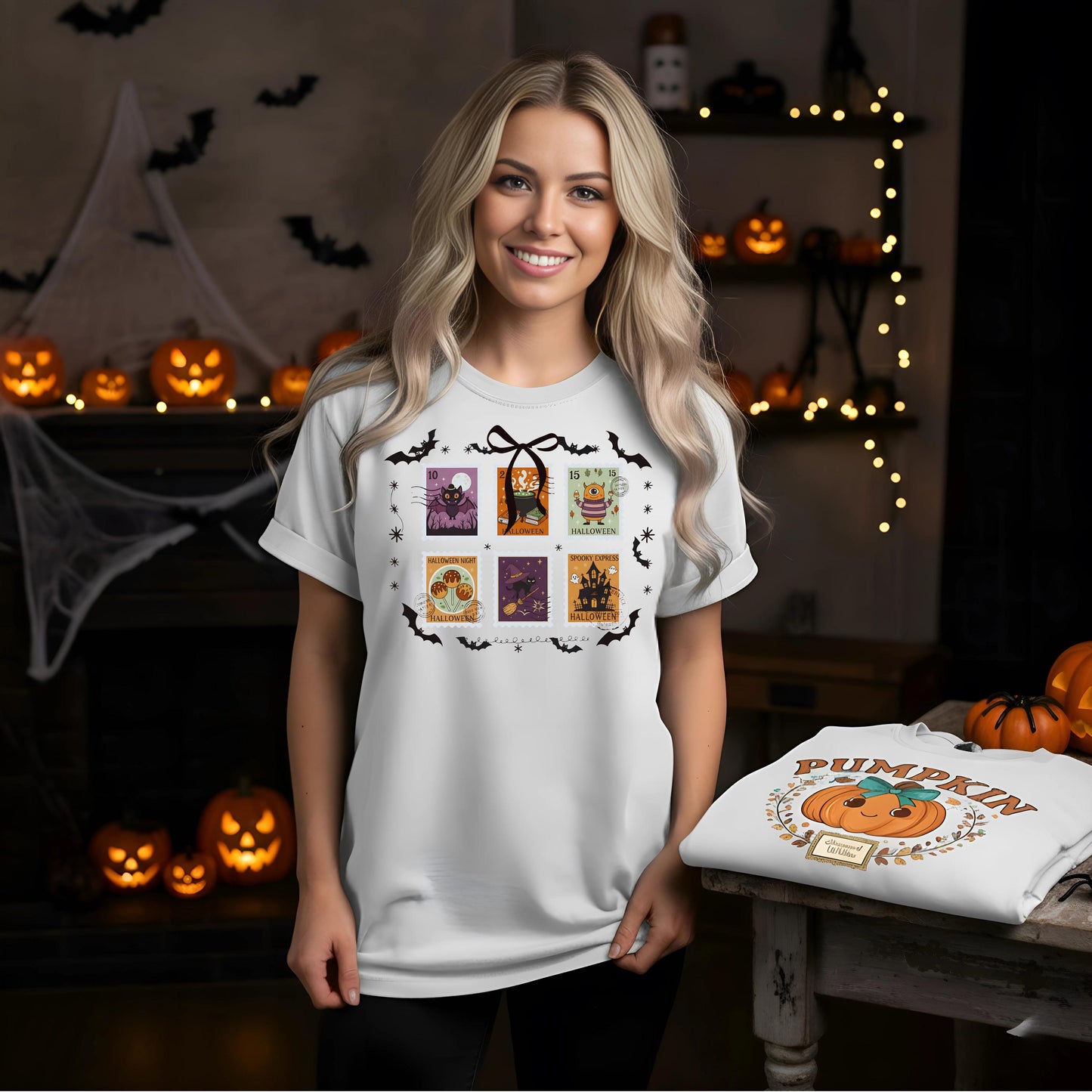 Comfort Colors Halloween TShirt Pumpkin Orange Graphic Tee Spooky Stamps Bat Zombie Witch Haunted House Ghost Cat Potion Skeleton Gift Shirt