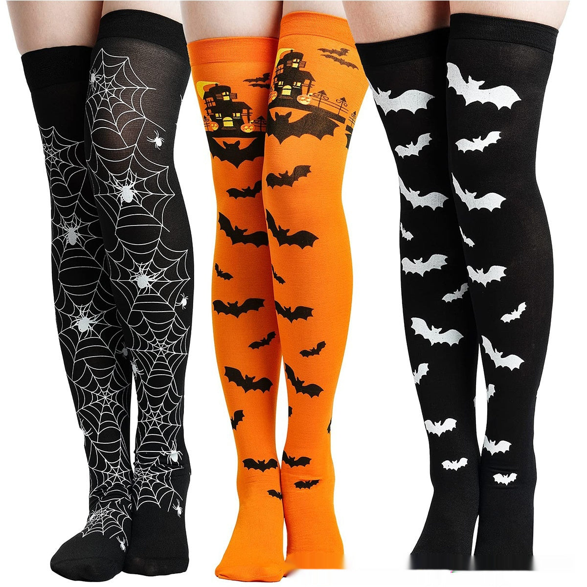 Halloween Printing Craft Spider Web Bat Skull Castle Pattern Over The Knee Stockings