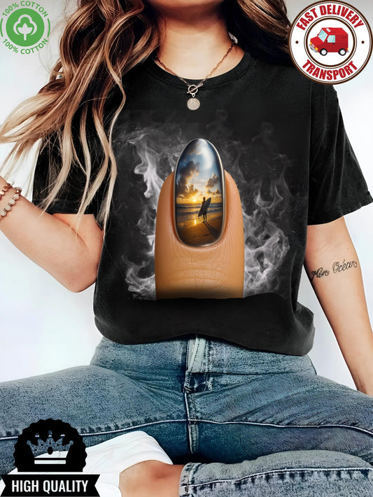 Summer t-shirt with surfer nail design, beach art style, surreal sunset unisex tee for bold beach lovers gift idea