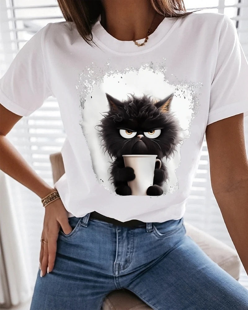 Women's T Shirt Tee Cat Daily Weekend Black Print Short Slee