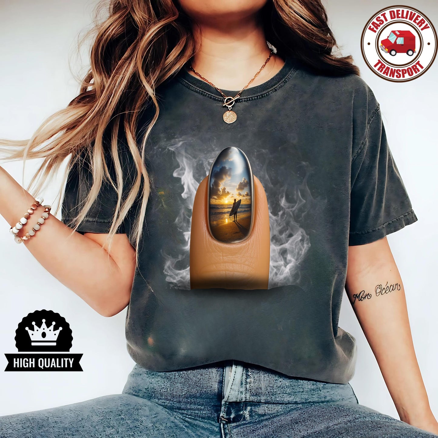 Unisex summer shirt for surf lovers, surreal sunset nail art tee, beach art graphic t-shirt for creatives gift idea