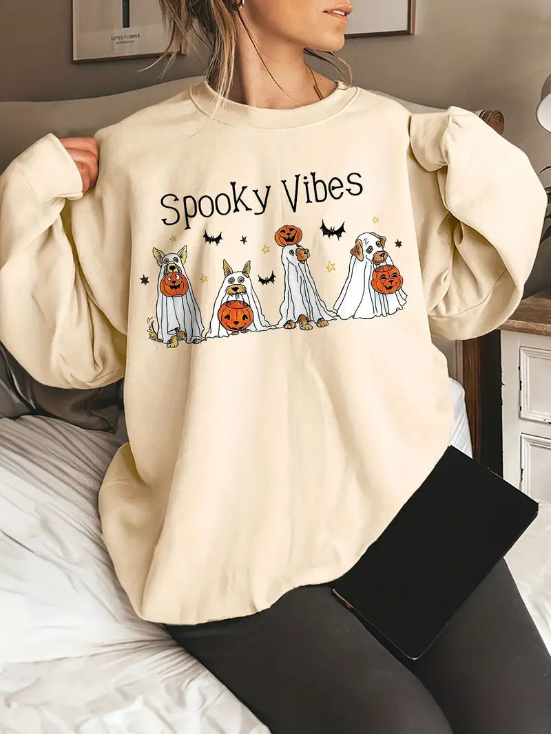 Halloween Dog Print Sweatshirt Casual Long Sleeve