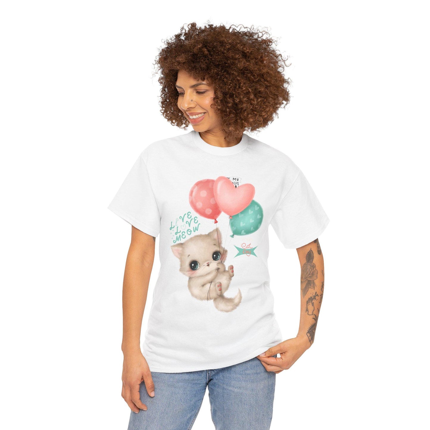 Adorable Cat Lover Tee Cute Kitten with Balloons Design T-shirt, Perfect for Cat Enthusiasts, Birthday, Gifts, Animal Lovers, Everyday Wear