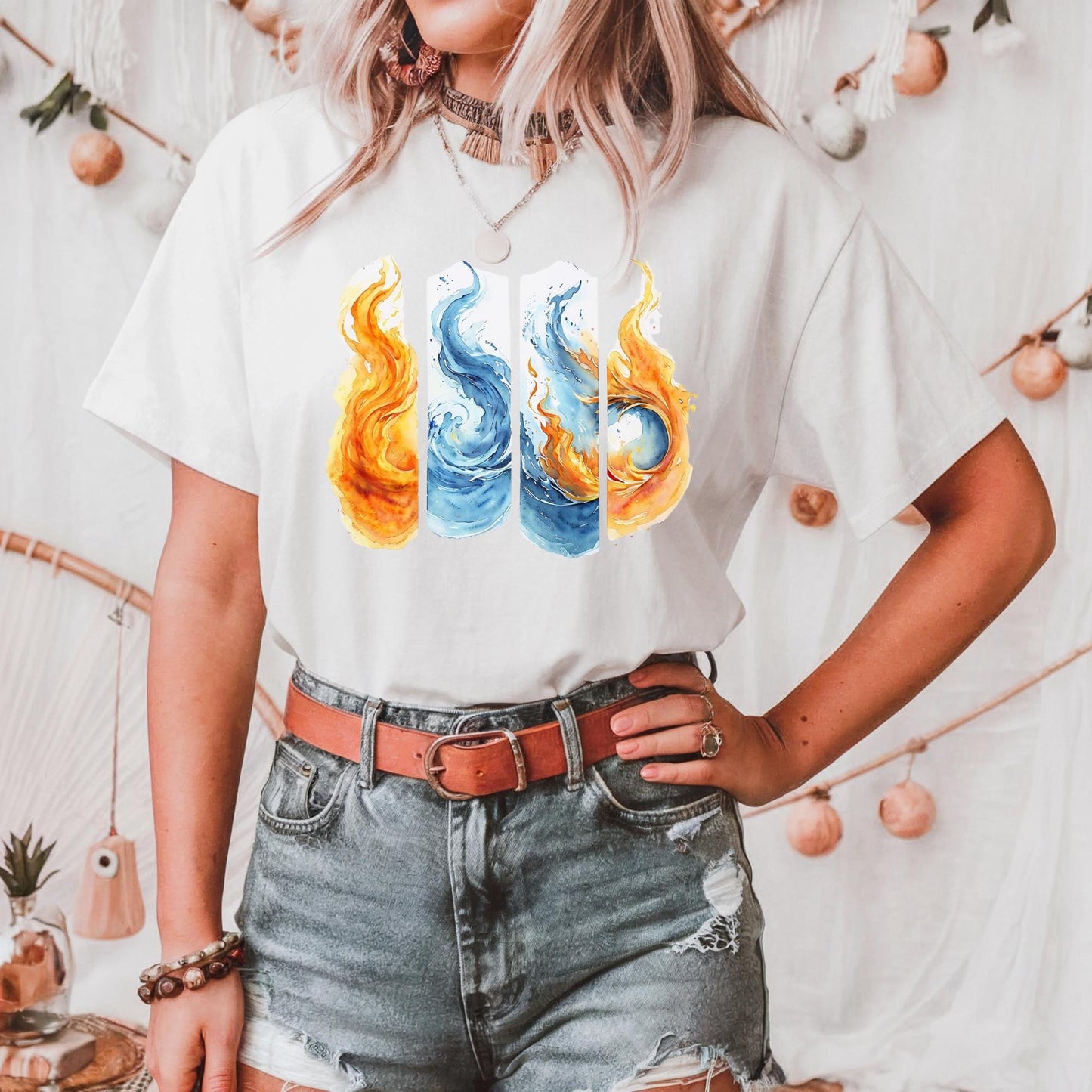 Colorful Flame Graphic Unisex Heavy Cotton Tee, Elemental Fire &amp; Water Graphic Tee, Casual Summer Wear, Artsy Shirt, Gift for Fire Lovers
