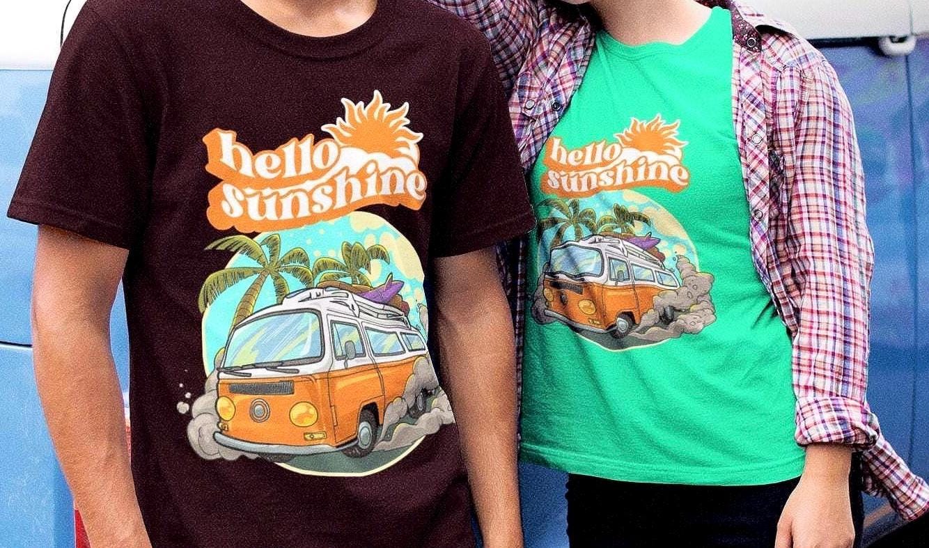 Sunshine Van T-Shirt – Unisex Heavy Cotton Tee – Retro Van Graphic Shirt – Vintage Style Summer Tee – Gift for Van Life Lovers