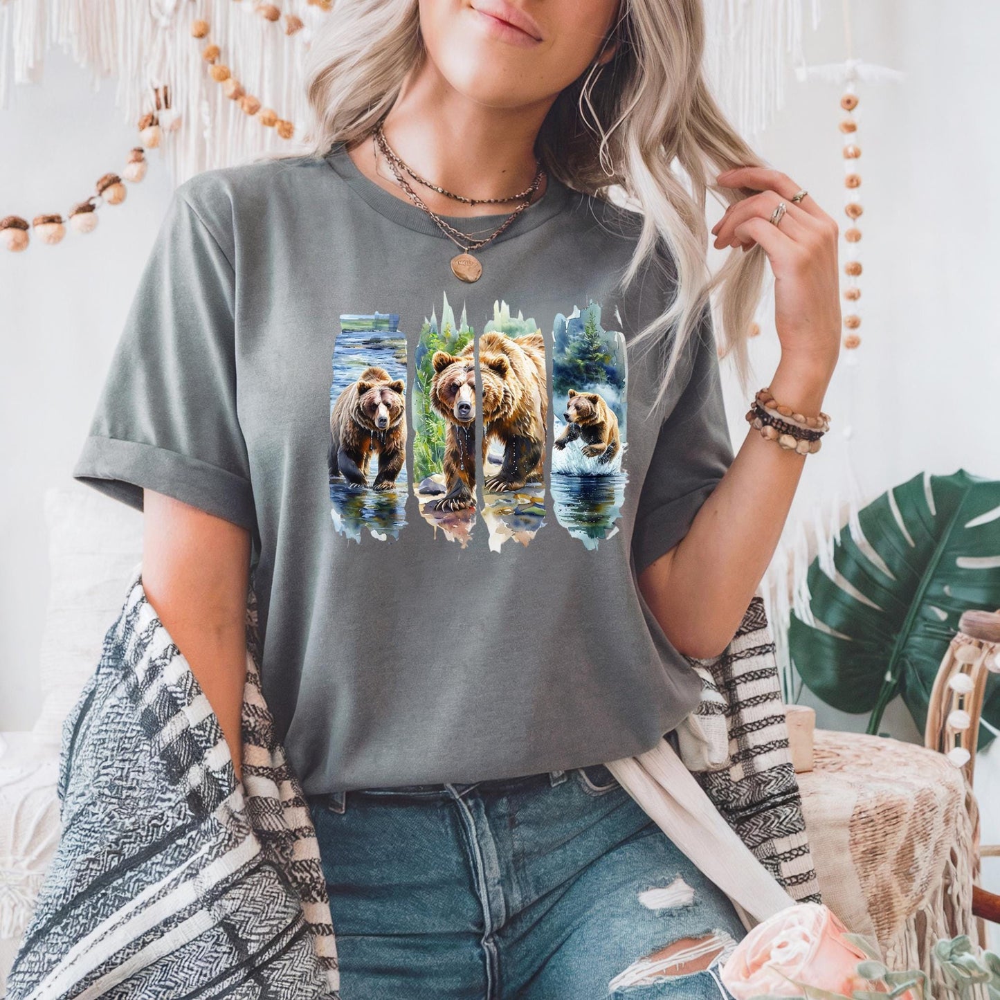 Organic Cotton Grizzly Bear T Shirt Wildlife Art Graphic Tee Nature Lover Unisex Forest Animal Gift Majestic Bear Top Casual Apparel
