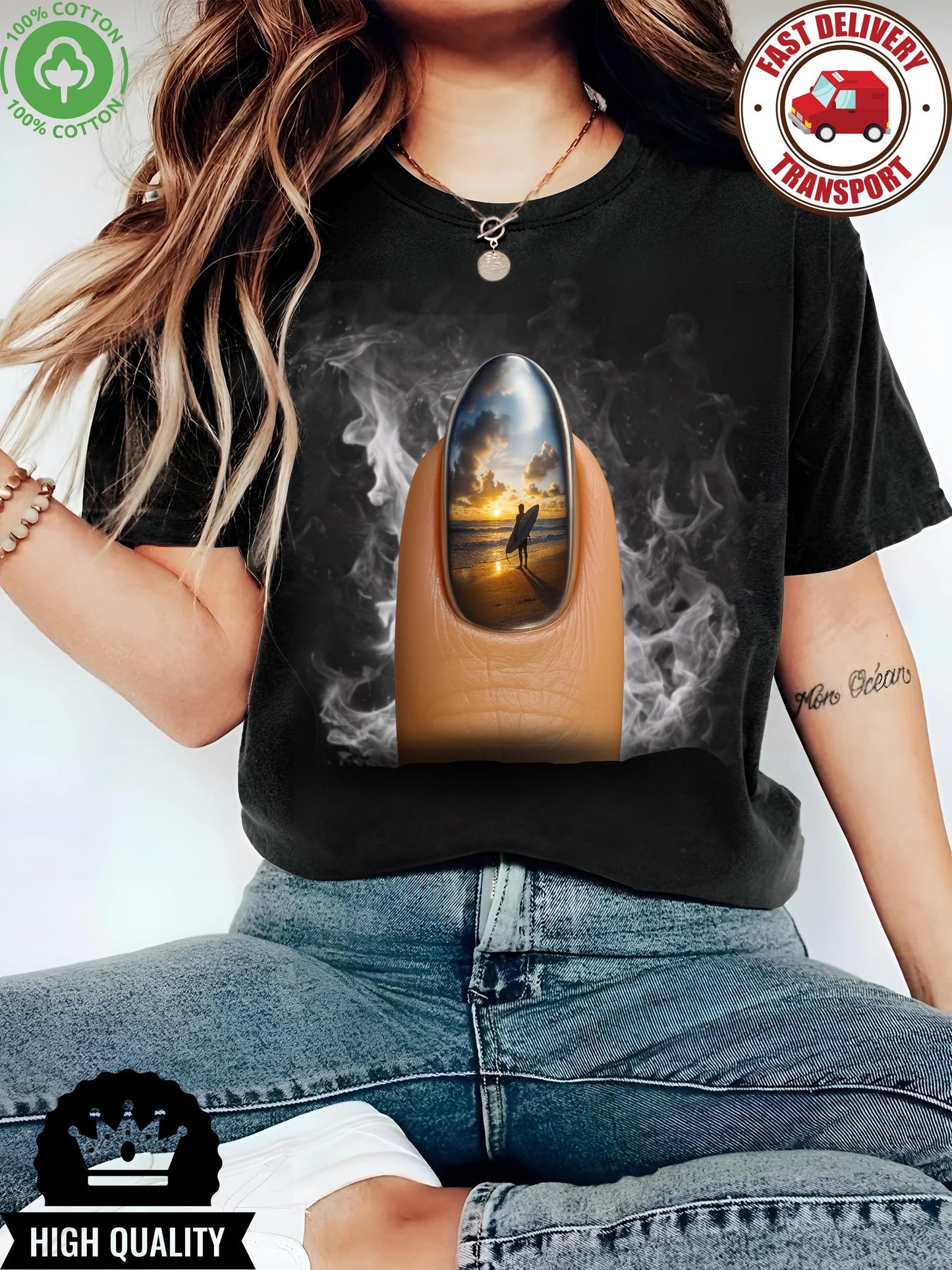 Surreal graphic tee for surfers, sunset beach nail art, unisex shirt for summer vibes, creative gift idea aesthetic