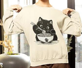 Noodle Cat Shirt Ramen Cat Sweatshirt Funny Cat Lover Tee Cat Mom Shirt Animal Lover Graphic Top Cute Cat Lovers Gift For Women Mom