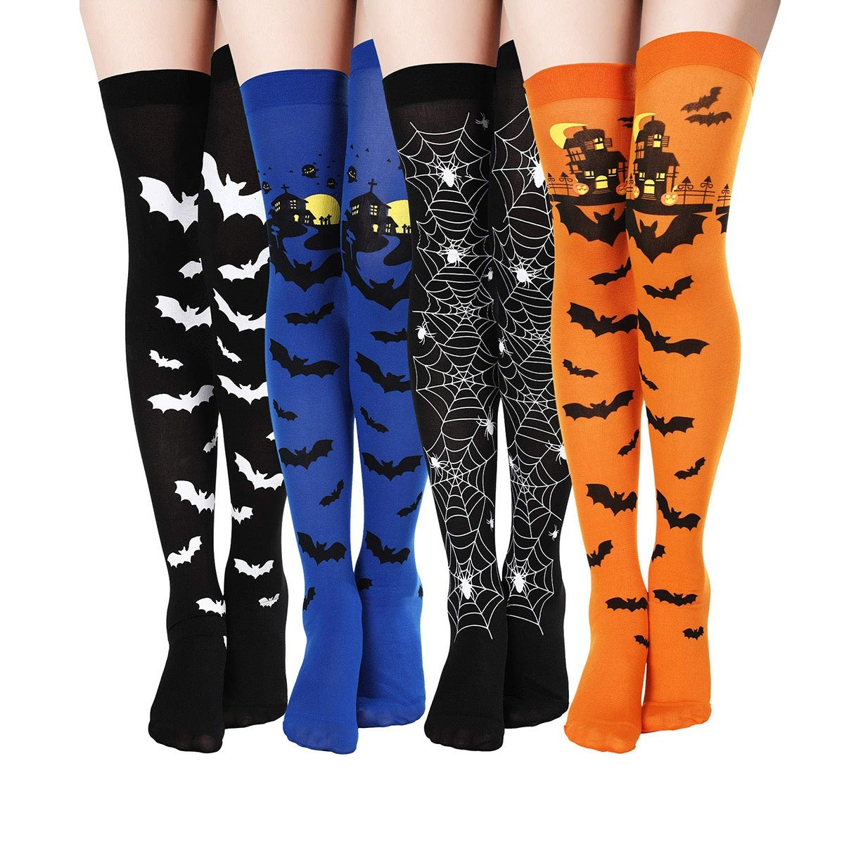 Halloween Printing Craft Spider Web Bat Skull Castle Pattern Over The Knee Stockings