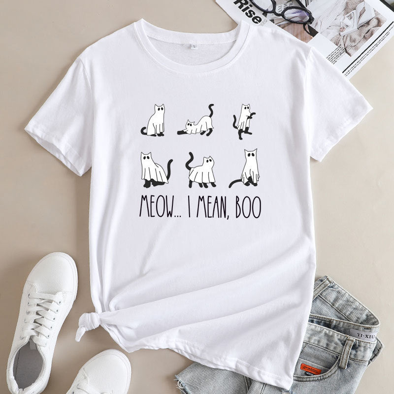 Large Size Loose Halloween Cat Print Cotton Short Sleeve