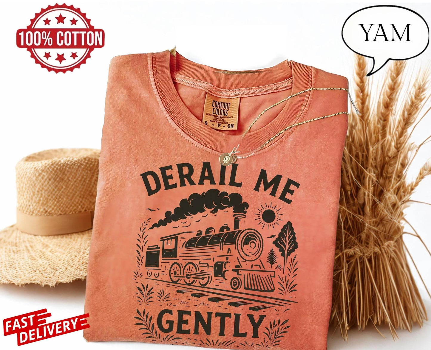 vintage train t-shirt with derail me gently print, retro locomotive graphic tee for adults, sarcastic unisex gift with dark humor