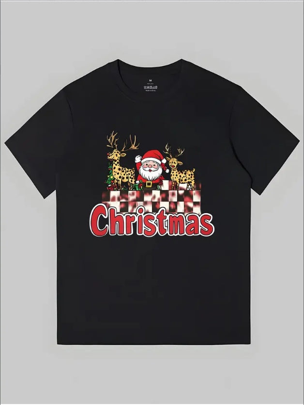 Men'S Christmas T-Shirt - Crew Neck, Short Sleeve, Regular Fit, Printed Santa And Reindeer Graphic Tee For All Seasons