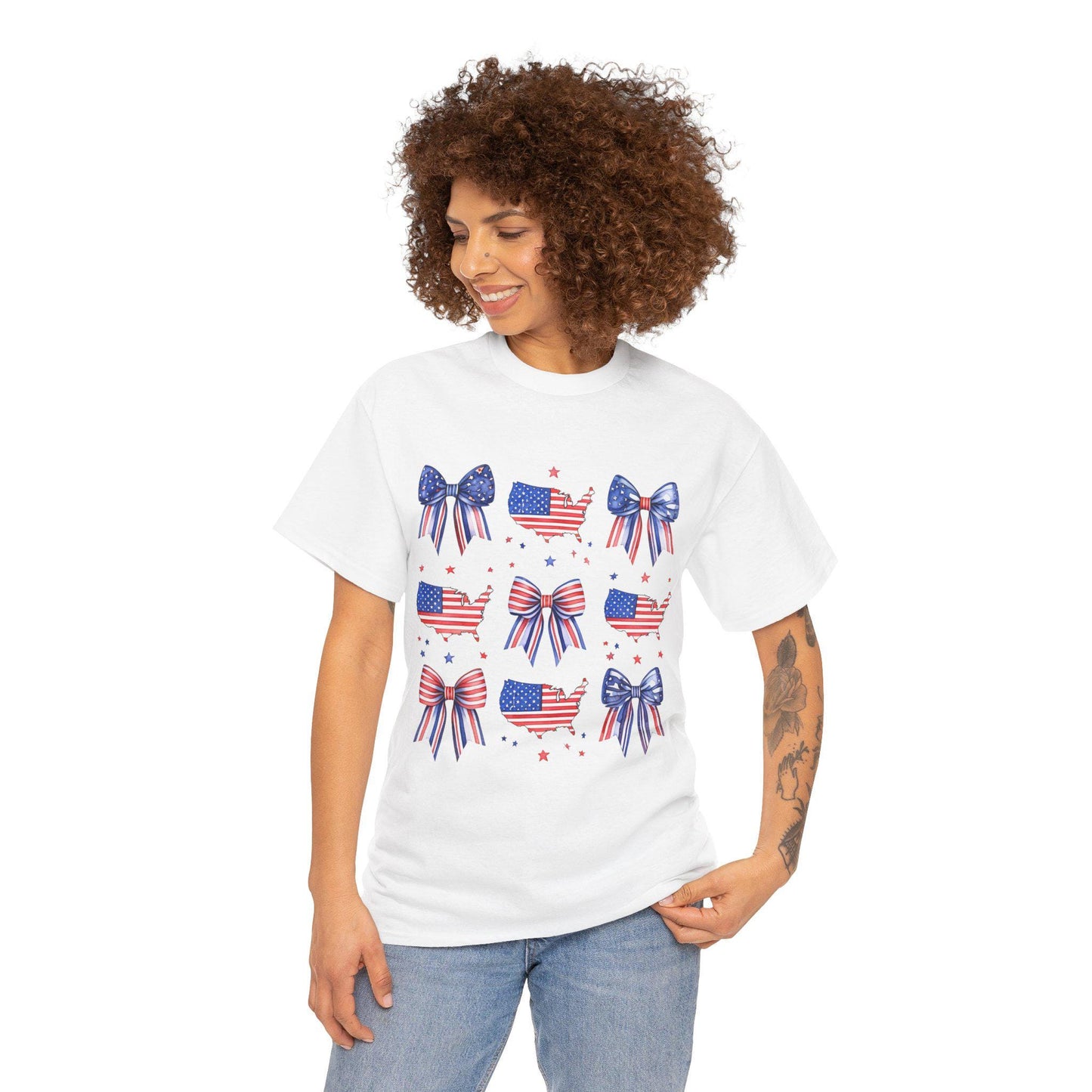 Patriotic Bow Tee, Unisex Heavy Cotton Tee with USA Theme, Great for 4th of July, Barbecues, Family Gatherings, or Everyday Casual Wear