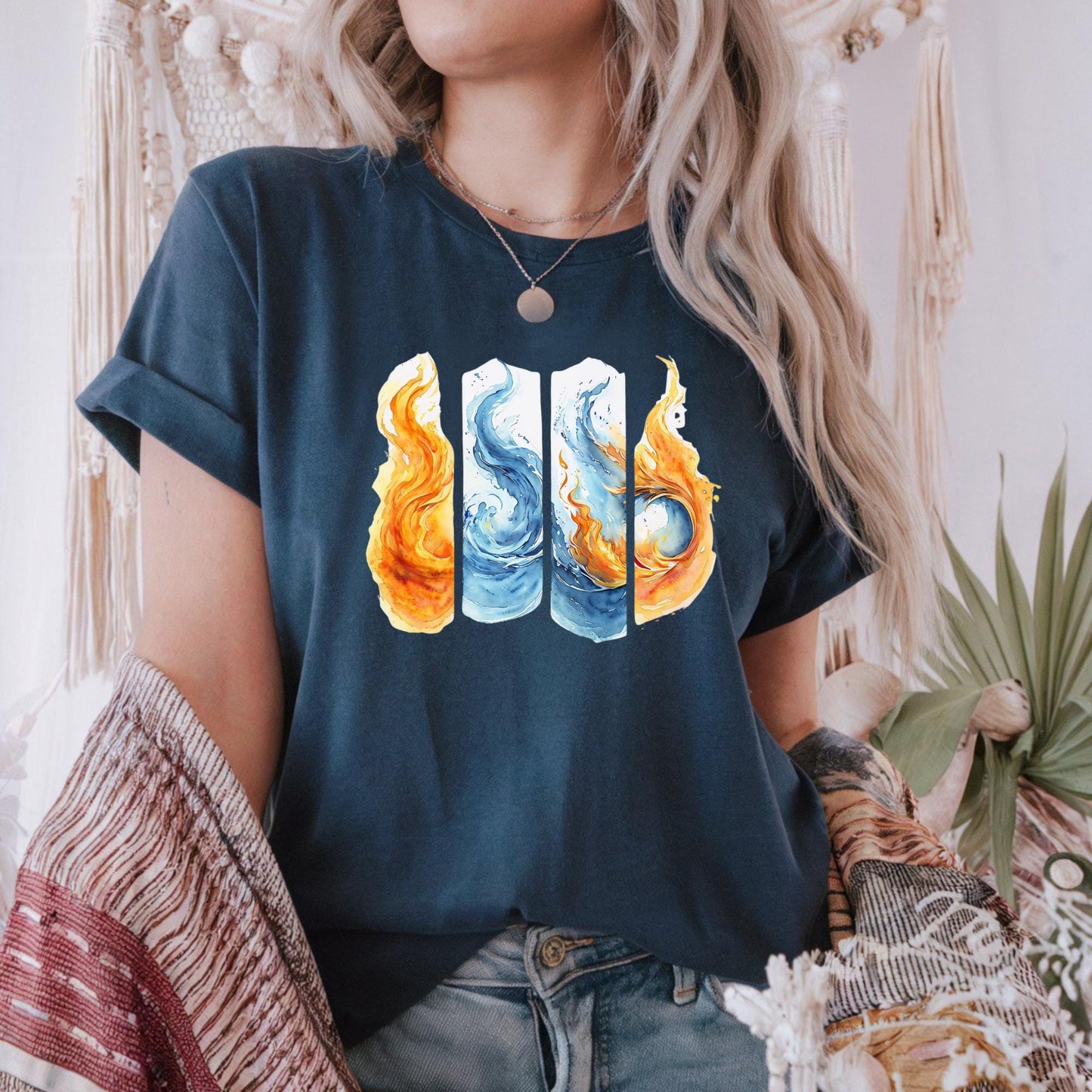 Colorful Flame Graphic Unisex Heavy Cotton Tee, Elemental Fire &amp; Water Graphic Tee, Casual Summer Wear, Artsy Shirt, Gift for Fire Lovers