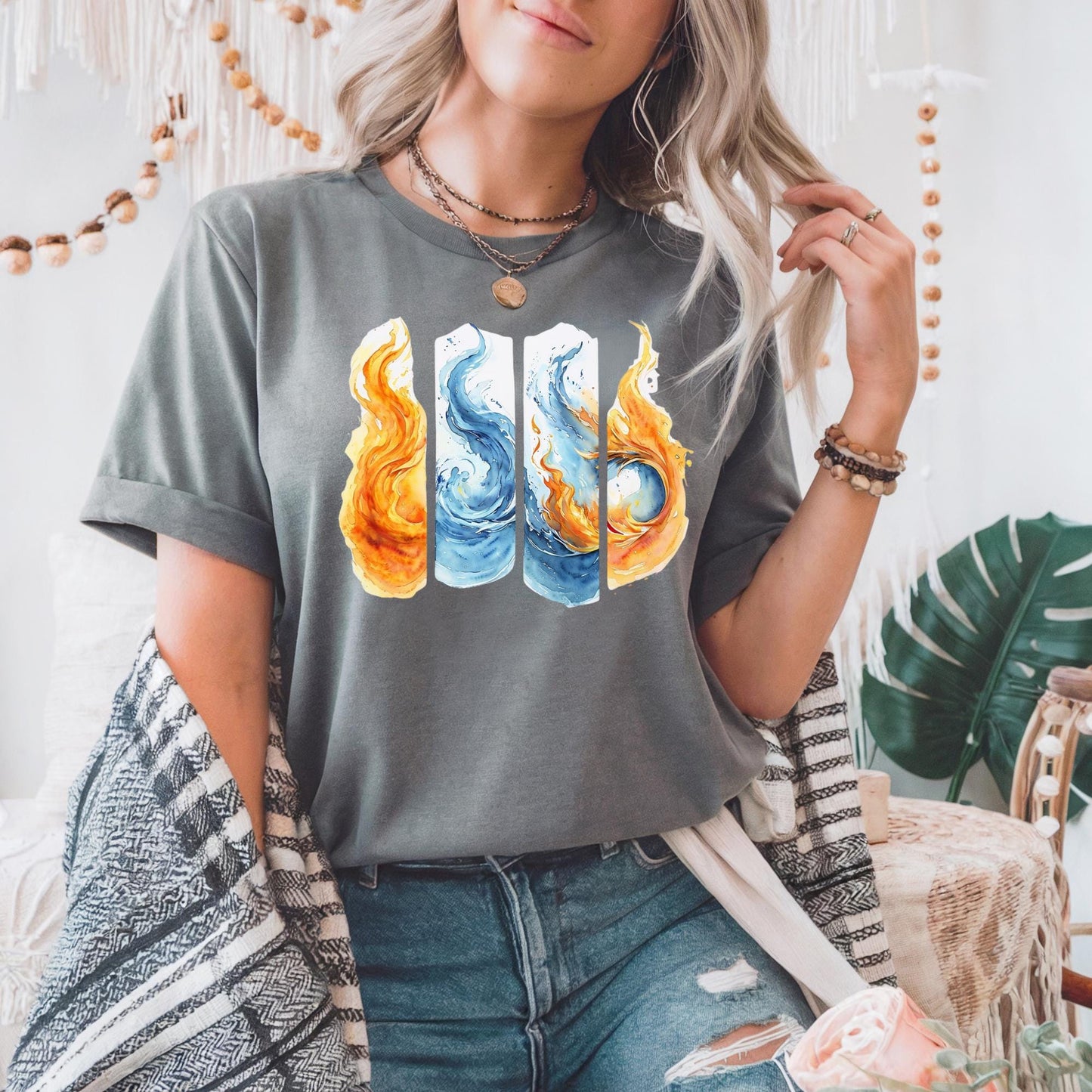 Colorful Flame Graphic Unisex Heavy Cotton Tee, Elemental Fire &amp; Water Graphic Tee, Casual Summer Wear, Artsy Shirt, Gift for Fire Lovers