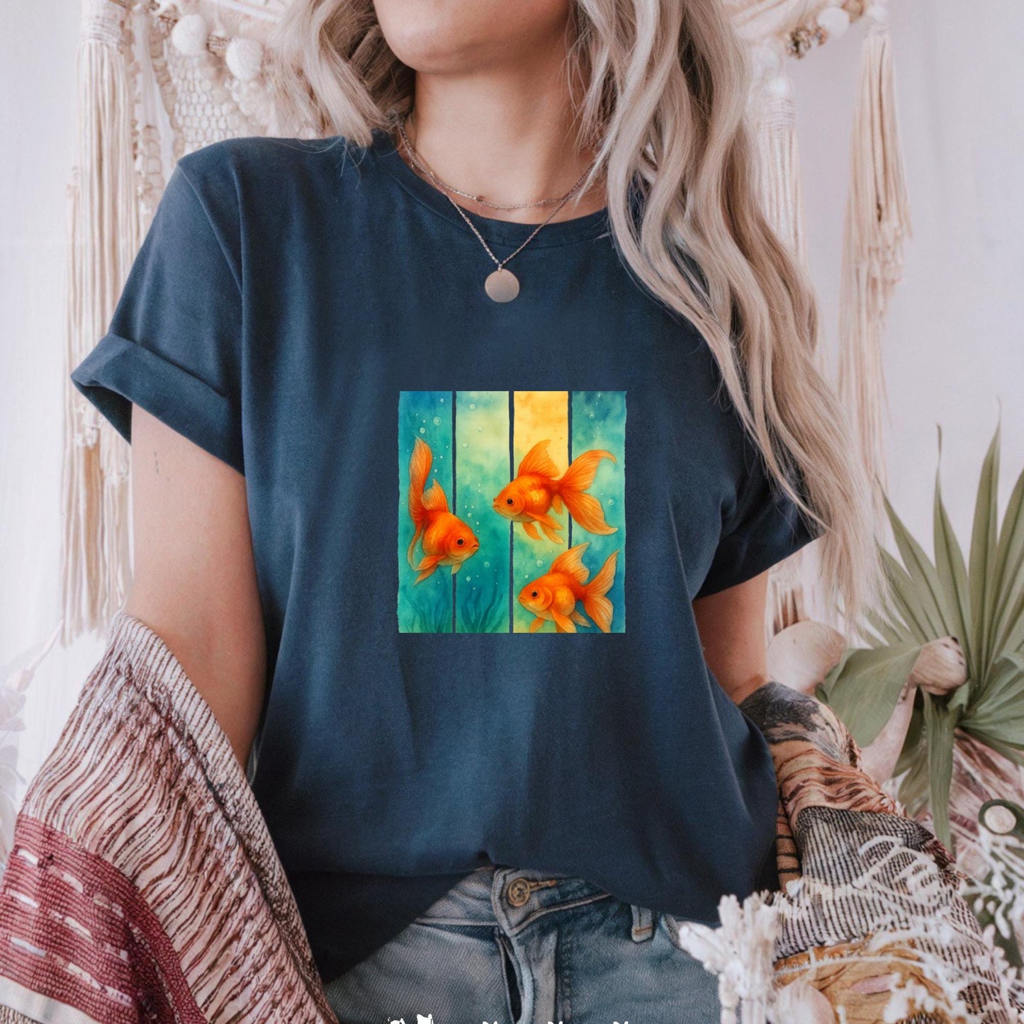 Unisex Heavy Cotton T Shirt Colorful Goldfish Art Tee Aquatic Lovers Gift Fish Enthusiasts Casual Wear Unique Fish Graphic Top Apparel