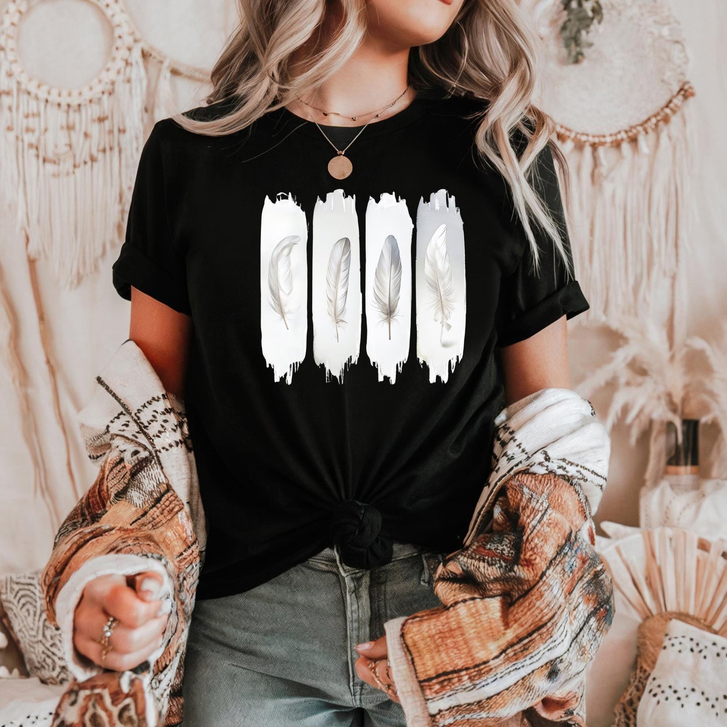 Boho Feather Print Tee, Whisper Feather Tee Unisex Cotton Shirt, Casual Summer Top, Gift for Nature Lovers, Eco-Friendly Clothing Boho Gift