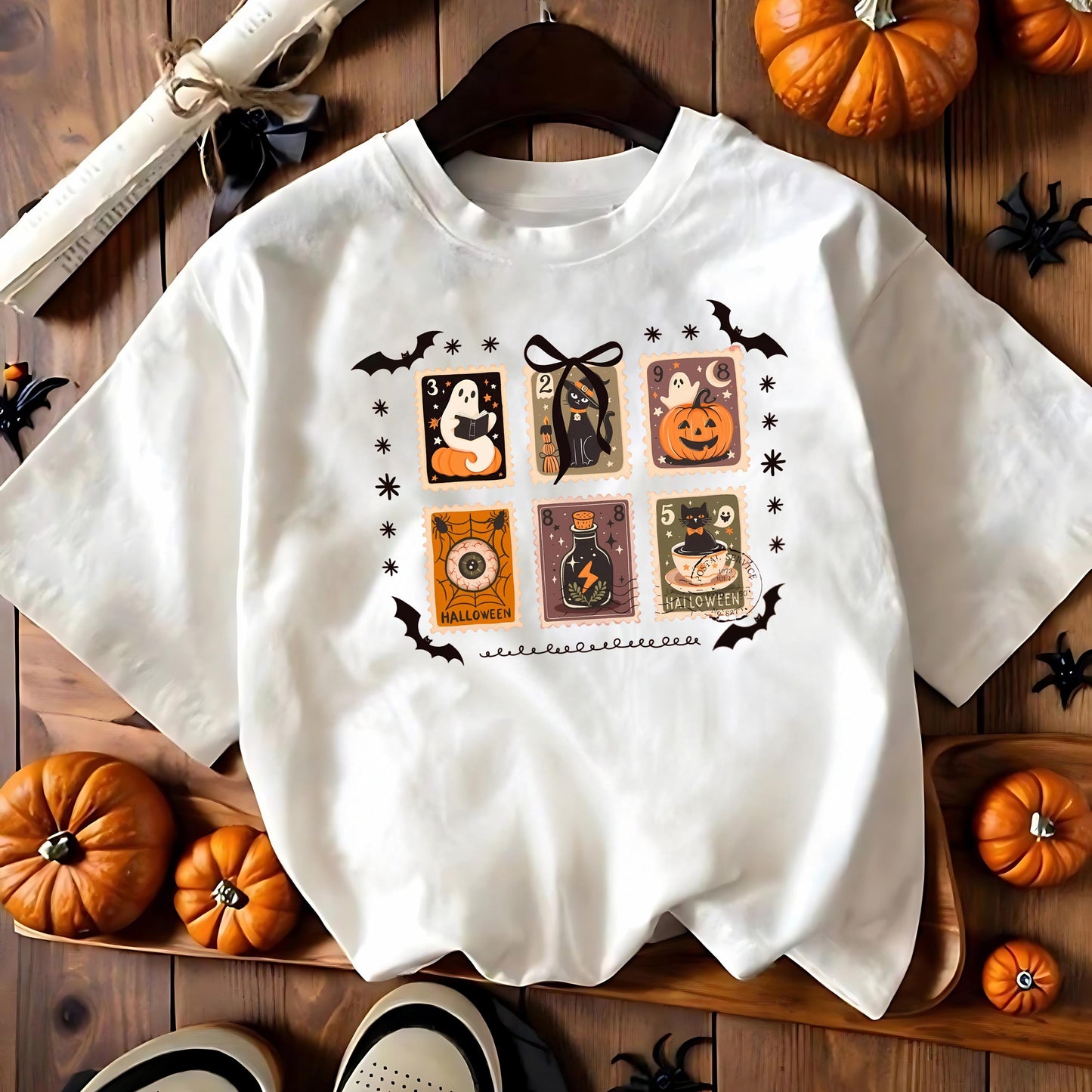 Comfort Colors Halloween T Shirt Espresso Brown Garment Dyed Graphic Tee Ghost Pumpkin Witch Cat Stamps Skeleton Haunted House Unisex Gift