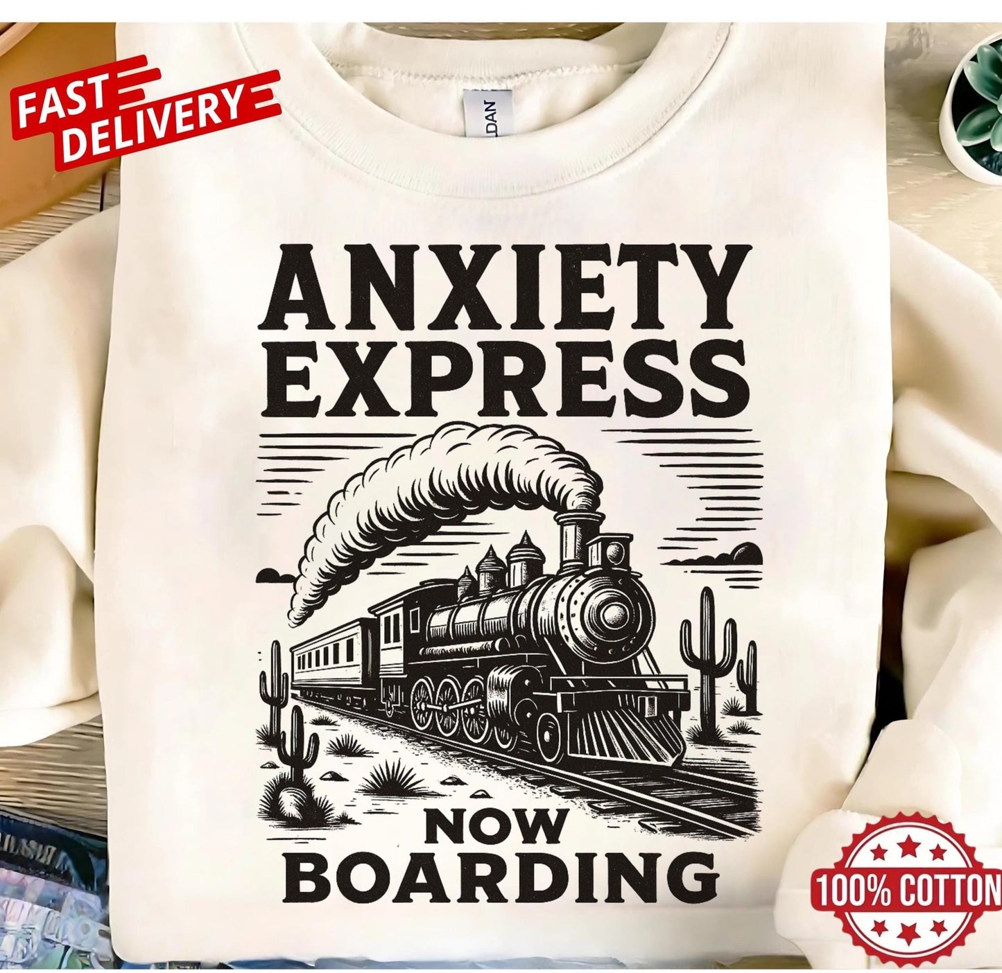 Anxiety Express retro humor t-shirt, sarcastic train graphic tee, oversized mental health gift shirt for unisex adults