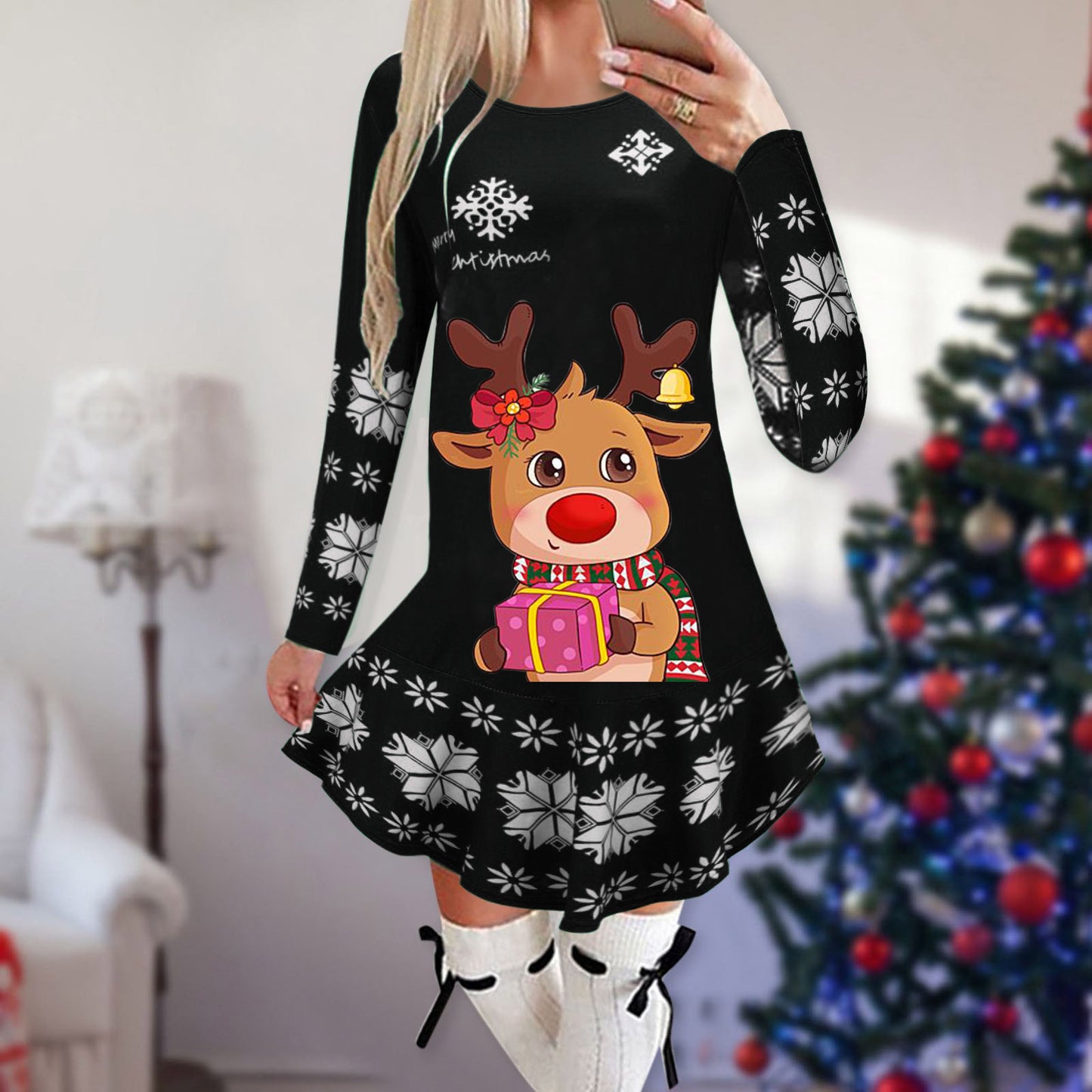Christmas Snowflake Elk Printing Slimming Dress