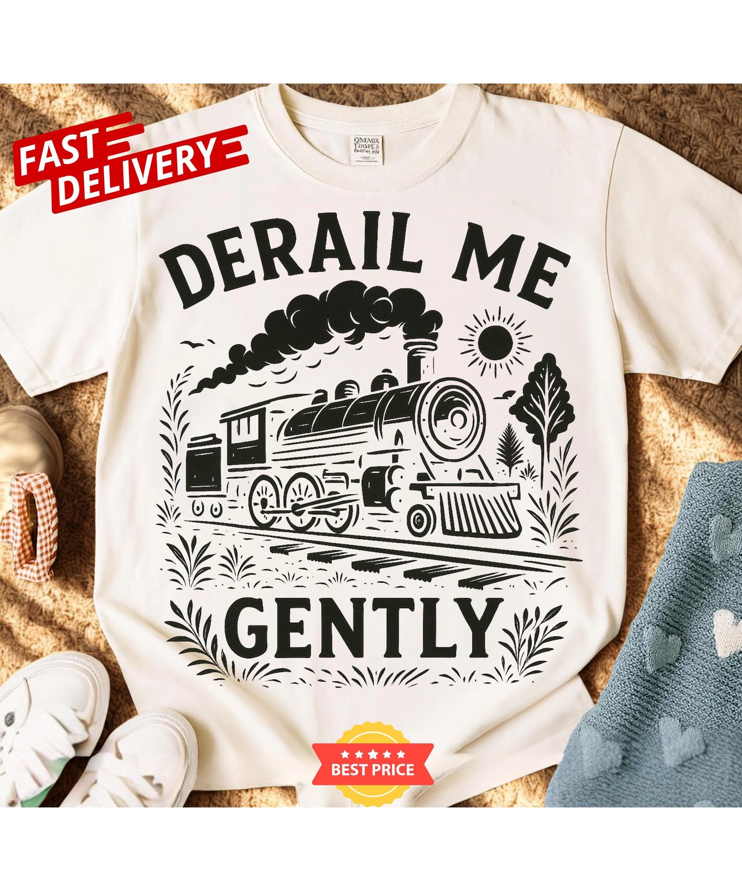 bold train t-shirt with derail me gently slogan, vintage locomotive art on unisex tee for quirky adults and alternative gift giving