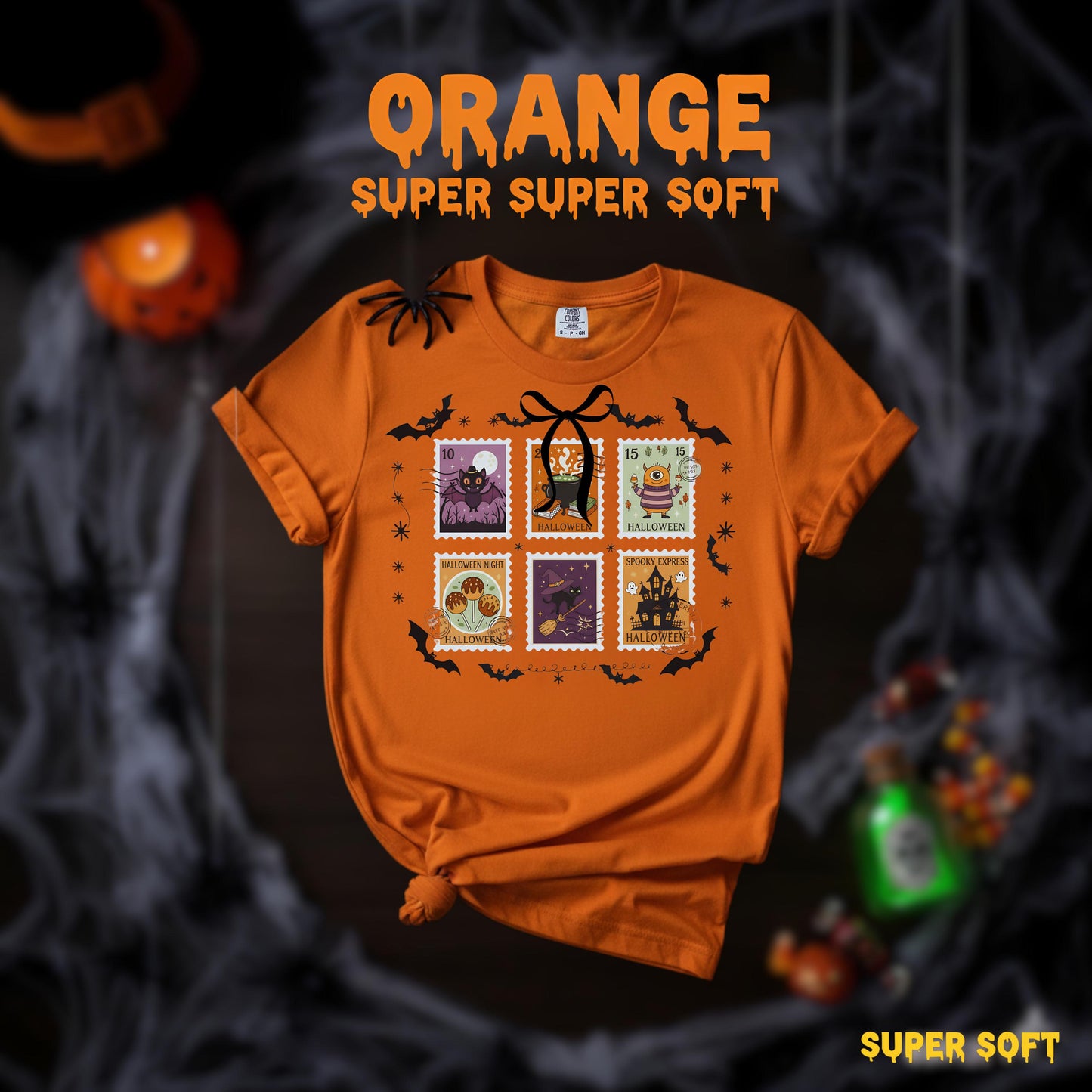 Halloween Stamps T Shirt Comfort Colors Pumpkin Orange Graphic Tee Bat Zombie Witch Haunted House Ghost Cat Potion Skeleton Unisex Gift