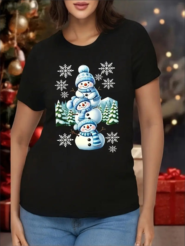 Plus Size Christmas Print T-Shirt For Women - Casual Crew Neck Short Sleeve Tee With Snowman Pattern Oversized Comfort Fit, Suitable For All Seasons