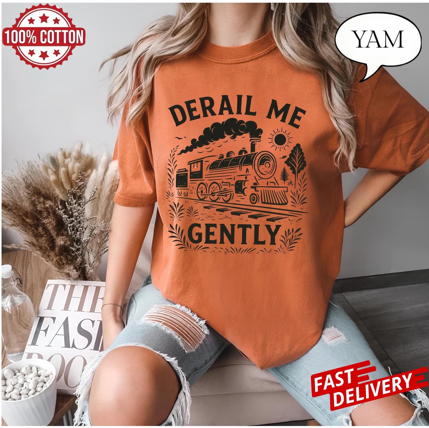 train lovers graphic tee with derail me gently quote, unisex soft t-shirt featuring vintage locomotive art and retro sarcastic humor