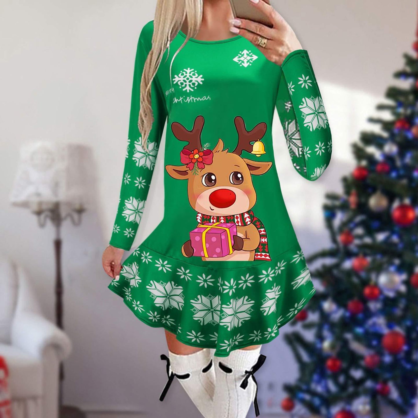 Christmas Snowflake Elk Printing Slimming Dress