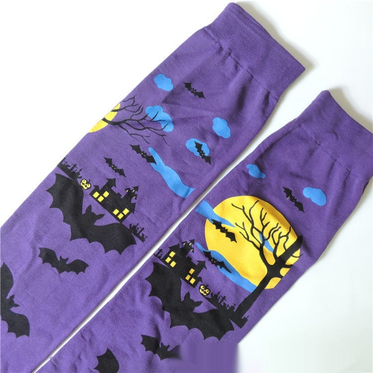Halloween Printing Craft Spider Web Bat Skull Castle Pattern Over The Knee Stockings