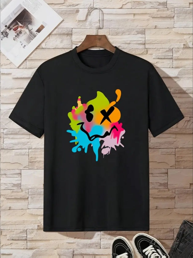 Boys' Colorful Smile Face Graphic Tee - Casual Crew Neck, Short Sleeve, Breathable Perfect For Spring Summer