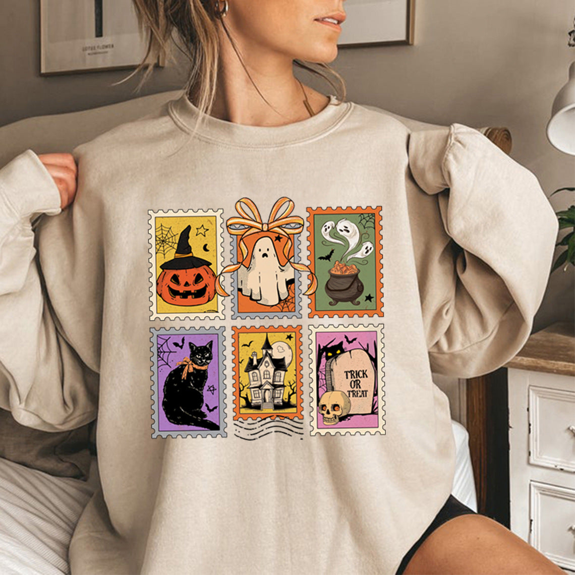Retro Halloween Cat Ghost Sweatshirt Spooky Season Hoodie