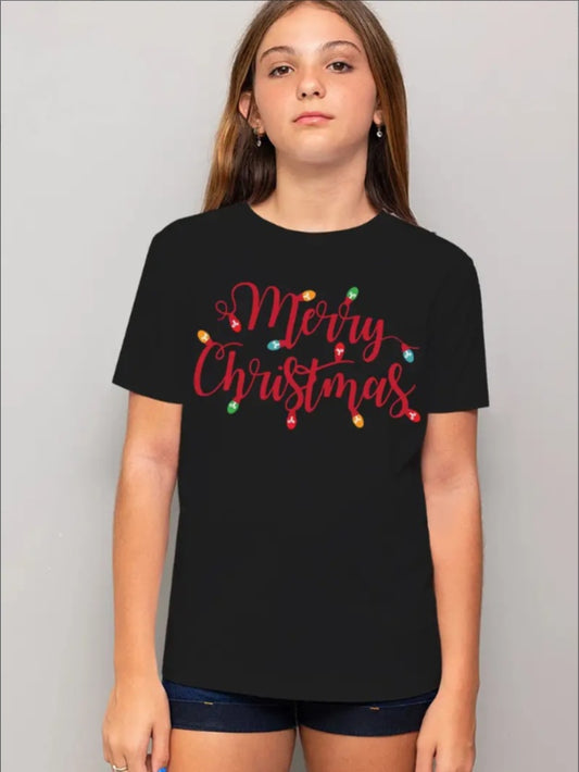 Girls' Merry Christmas Print Casual Sports Tee - Crew Neck, Short Sleeve, Machine Washable - Perfect For Summer