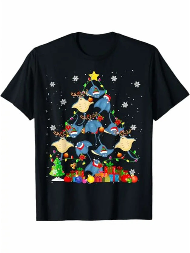 Vintage Christmas Tree Print T-Shirt, Funny Santa & Reindeer Graphic Tee, Crew Neck Casual Shirt, All-Season Short Sleeve Top, Digital Heat Transfer, Regular Fit - Black