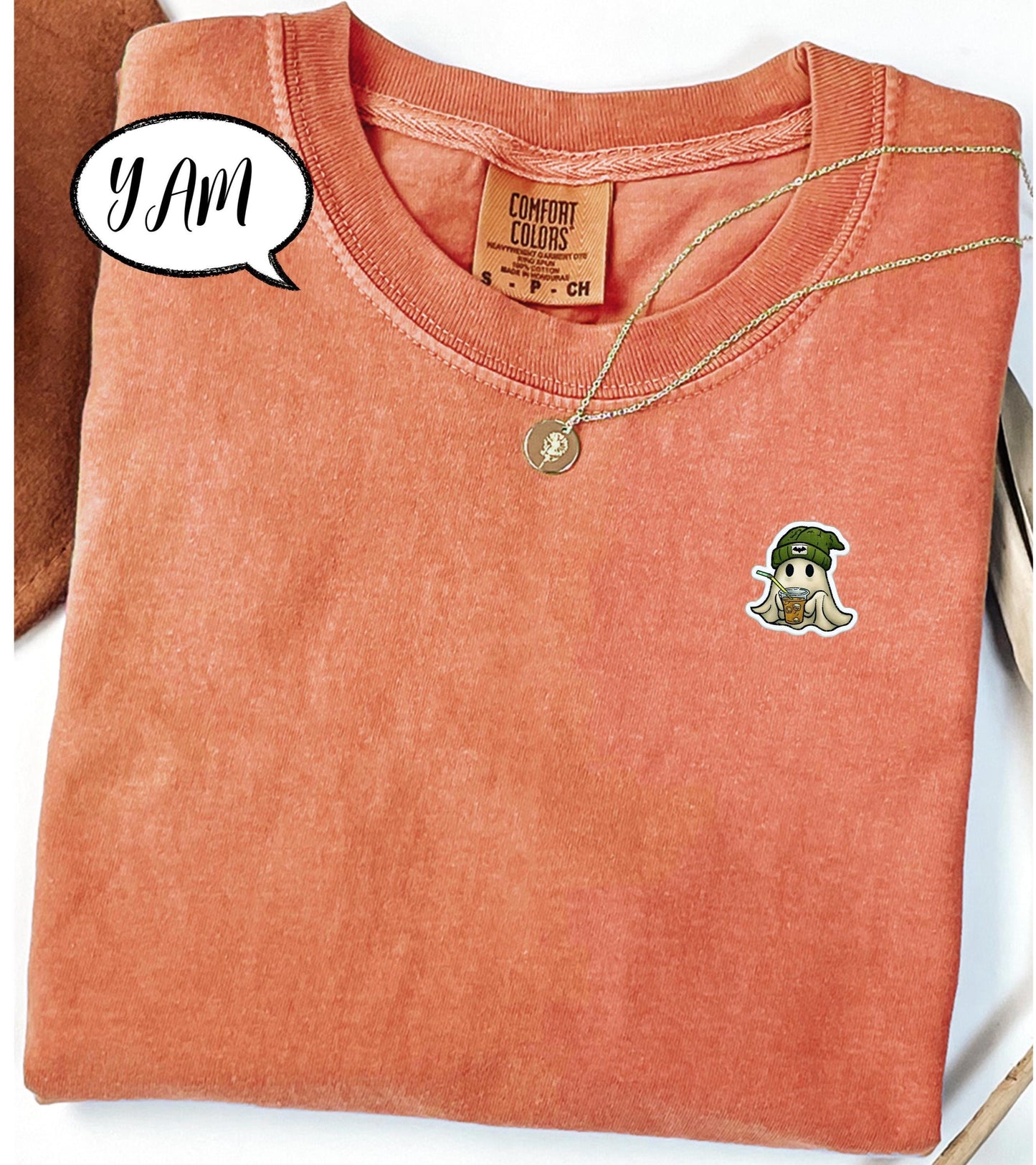 Comfort Colors® Embroidered Halloween Ghost Shirt, Spooky Season Tee, Minimal Pocket Ghost Top, Coffee Lover T Shirt, Cozy Fall Outfit