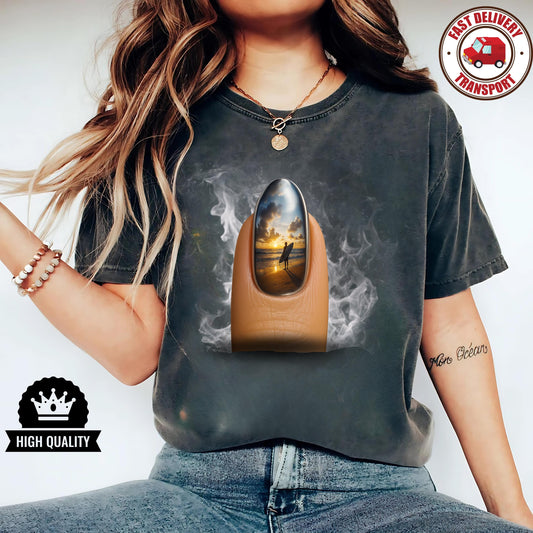 Unisex tee with surreal nail design, sunset beach graphic shirt, surf lover t-shirt gift for creatives art print