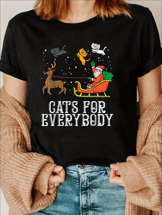 Women's Festive Christmas Tee - Santa & Reindeer Print, Crew Neck, Short Sleeve Casual Top, Stretchy, Machine Washable, Best For Christmas