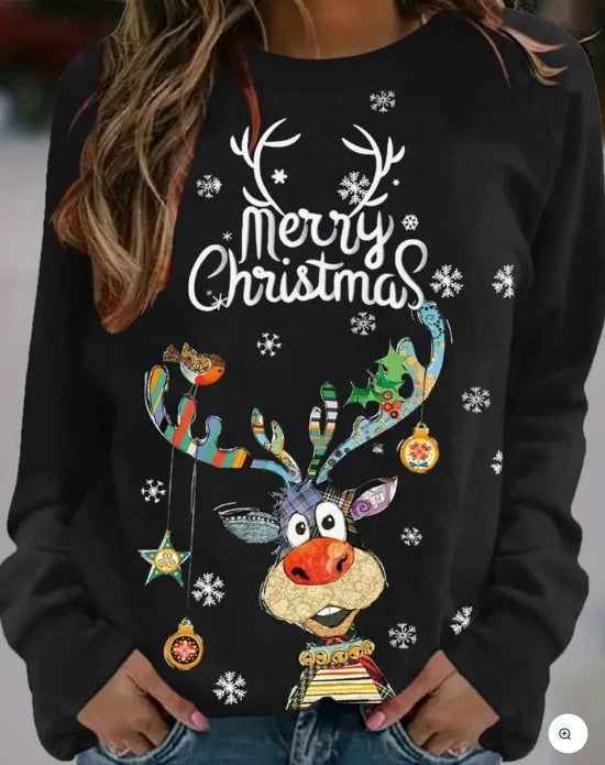 Christmas European And American Women Printed Crew Neck Sweatshirt